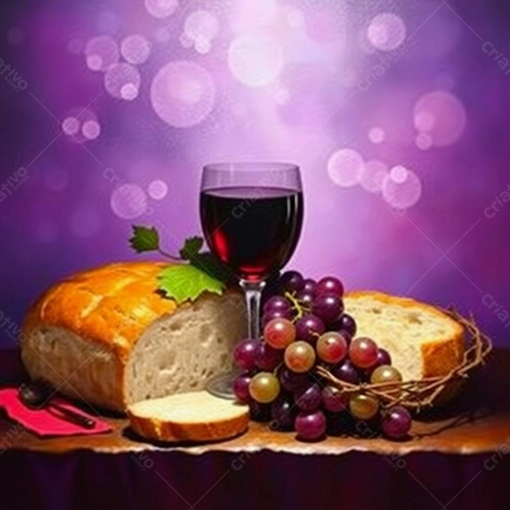 An Oil Painting Of A Still Life Bread, Wine Cup, Grapes, And Crown Of Thorns, Representing The Last Supper. Vivid Purples, Deep Ultraviolet Hues, Blurred Bokeh Background, High Contrast, Sharp Focus On The Objects