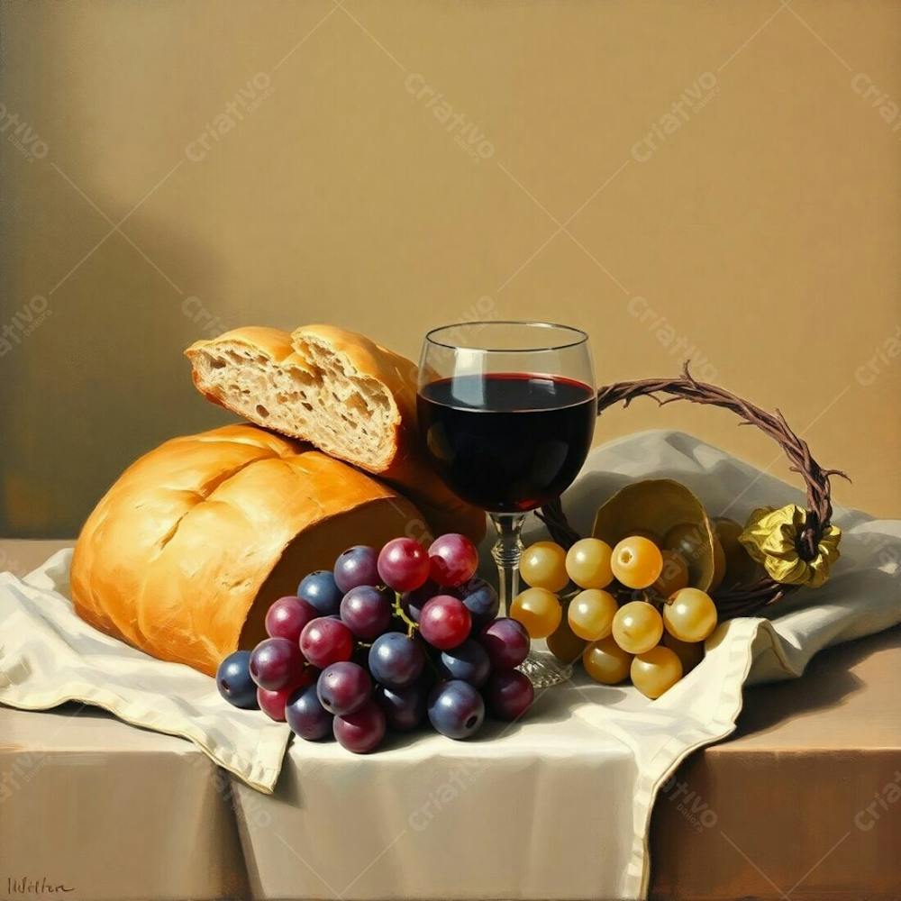 An Oil Painting Of A Still Life Featuring Bread, A Wine Goblet, A Bunch Of Grapes, And A Crown Of Thorns, Symbolizing The Last Supper. The Color Palette Consists Of Natural Earth Tones, Browns, And Beiges, Creating A Calm And