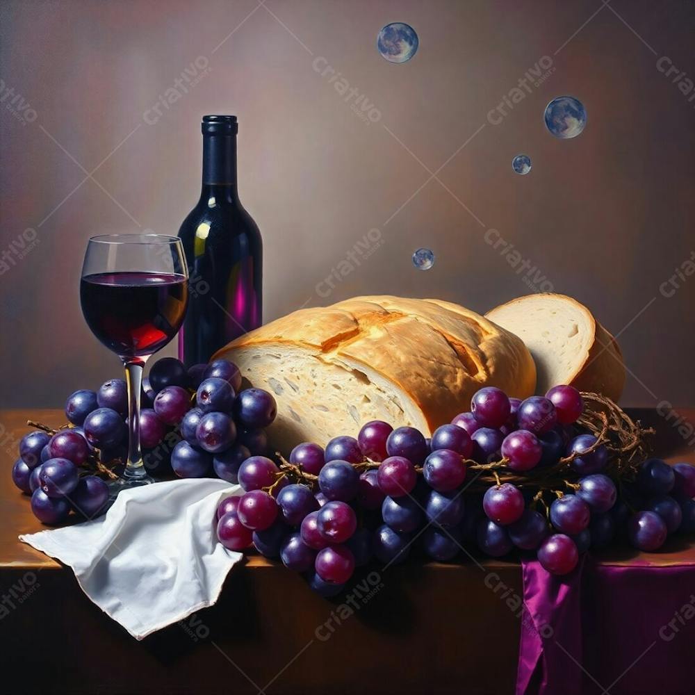 An Oil Painting Of A Still Life Representing The Last Supper Bread, Wine, Grapes, And A Crown Of Thorns. Deep Ultraviolet Tones, High Contrast, Sharp Focus On The Elements, And A Soft Blurred Background Create A Mystical Atm