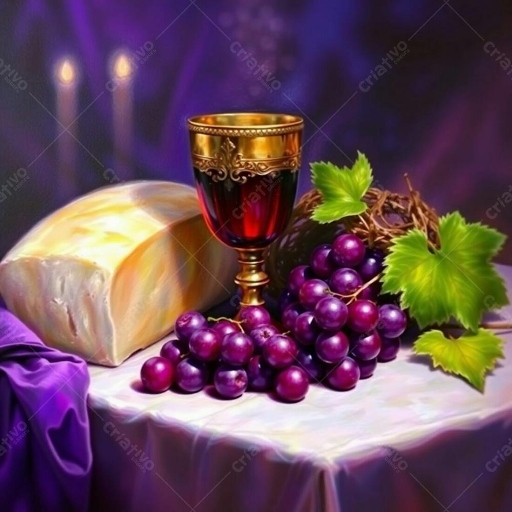 An Oil Painting Of The Last Supper Elements Bread, Wine Chalice, Grapes, And Crown Of Thorns. Deep Ultraviolet And Vivid Purple Hues Create A Dramatic Atmosphere. Use A Blurred Bokeh Effect For The Background, Focusing Shar