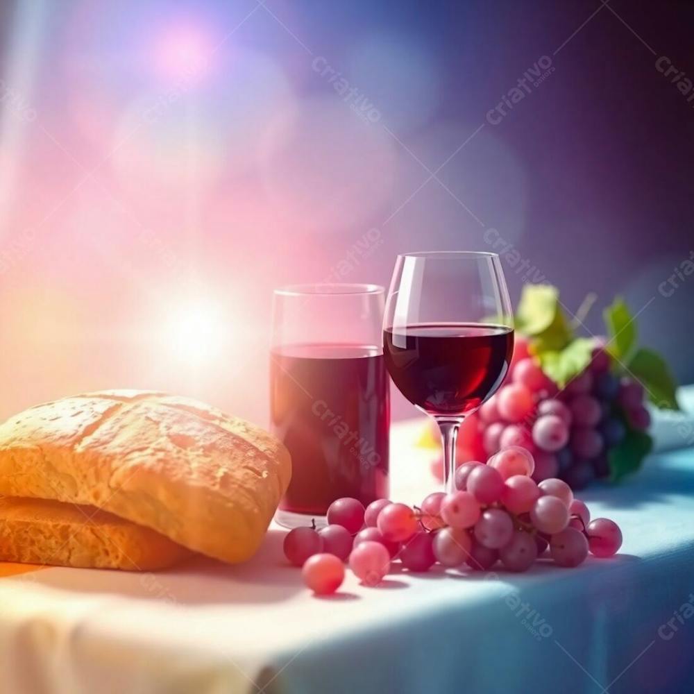 Bright Lens Flare, Soft Pastel Colors, Gentle And Soothing, Light Streaks, Vibrant Colors Depicting Bread, Wine, Grapes, And A Crown Of Thorns Representing The Last Supper