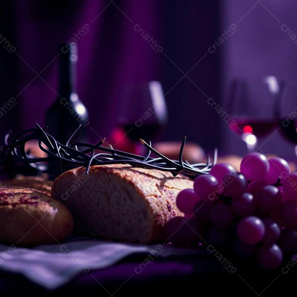 Close Up Photograph Of A Last Supper Still Life Arrangement Bread, Wine, Grapes, Crown Of Thorns. Predominantly Deep Ultraviolet And Purple Hues, High Contrast, Sharp Focus On The Foreground, Soft Bokeh Background