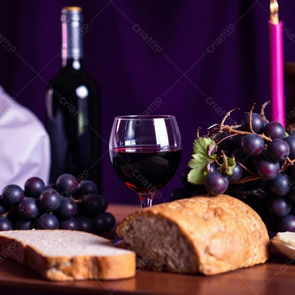 Close Up Photograph Of The Last Supper Bread, Wine, Grapes, Crown Of Thorns. Deep Ultraviolet Tones Create A Dramatic Effect. High Contrast, Sharp Focus On The Objects, Soft Bokeh Background