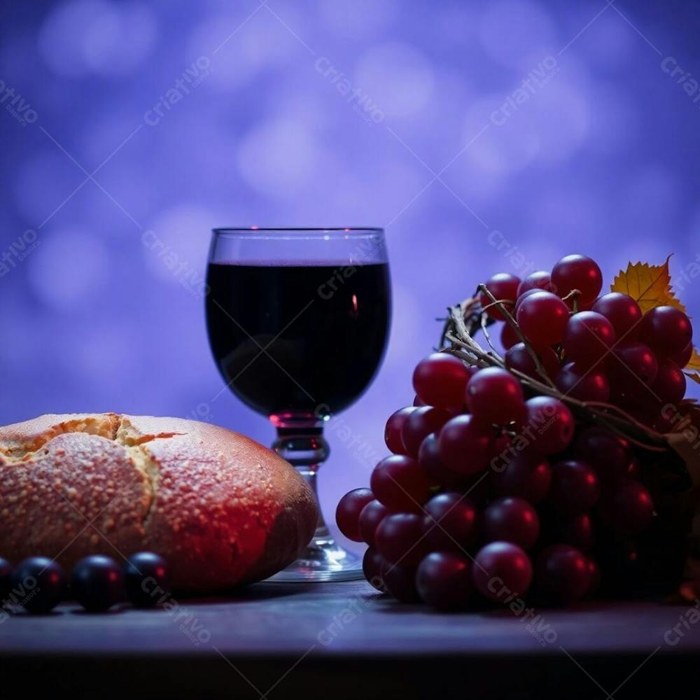 Close Up Still Life Photograph Bread, Wine Chalice, Grapes, Crown Of Thorns. Ultraviolet Lighting, Blurred Bokeh Background, High Contrast, And Sharp Focus On The Subject Creates A Dramatic, Mysterious Mood