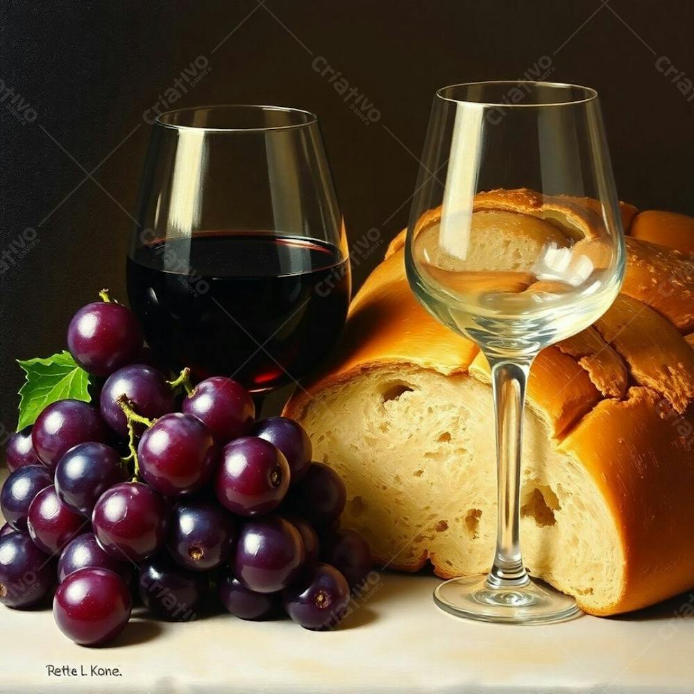 Close Up, Meticulously Detailed Still Life Painting Bread, Wine Glass, Grapes, Crown Of Thorns, In A Graceful And Elegant Composition With A Refined Aesthetic, Utilizing A Palette Of Natural Earth Tones