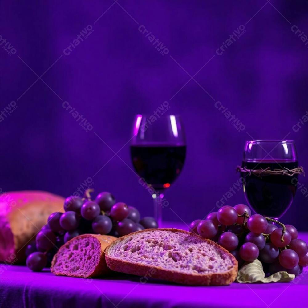 Deep Ultraviolet Hues, Blurred Bokeh Effect, Bread, Wine, Grapes, And Crown Of Thorns Representing The Last Supper. Sharp Subject Focus, Soft Background, Vivid Purples, High Contrast