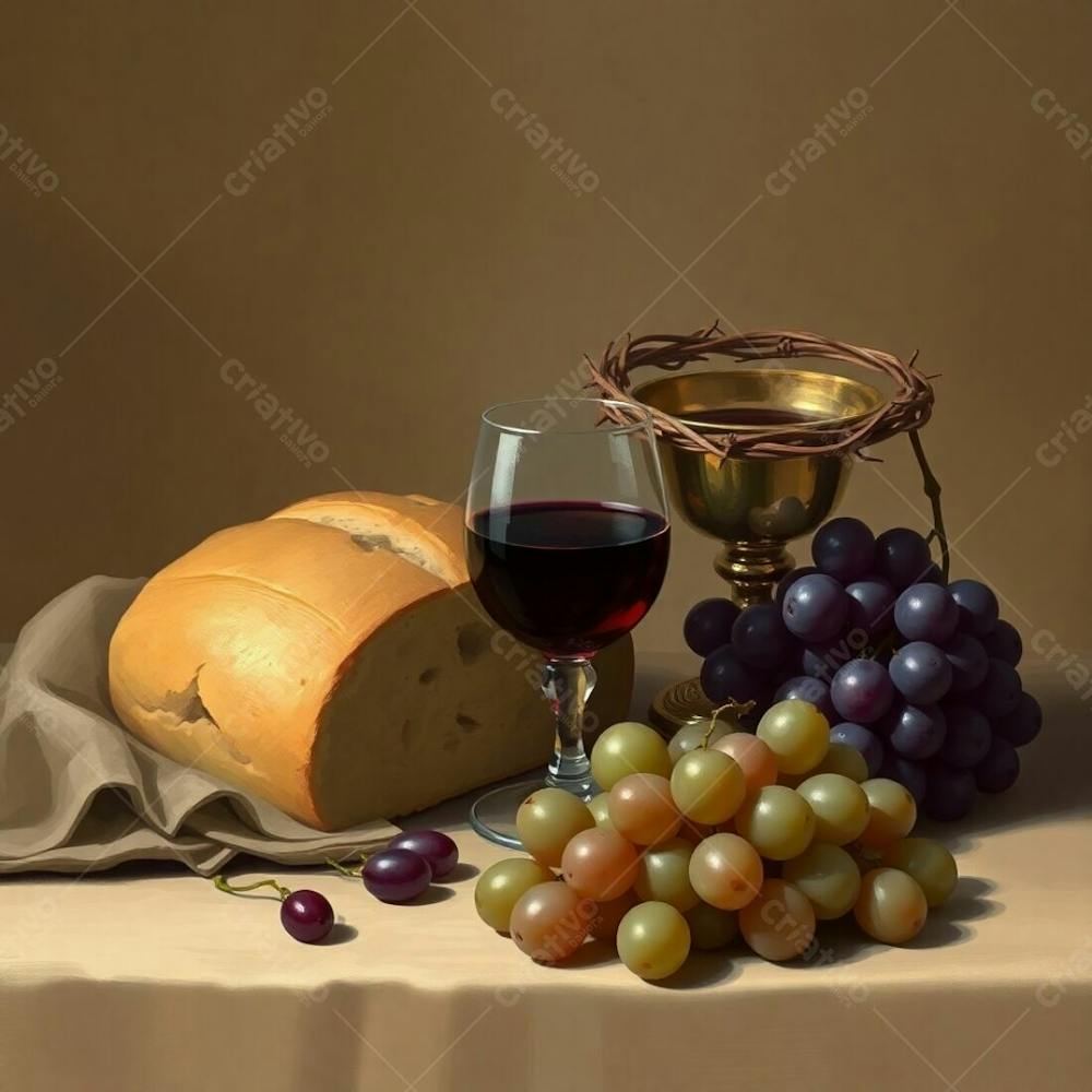 Digital Painting Of A Last Supper Still Life Bread, Wine Chalice, Grapes, And A Crown Of Thorns. Earth Tones, Browns, And Beiges Are Used To Create A Muted, Elegant Aesthetic. Emphasis On Refined Details