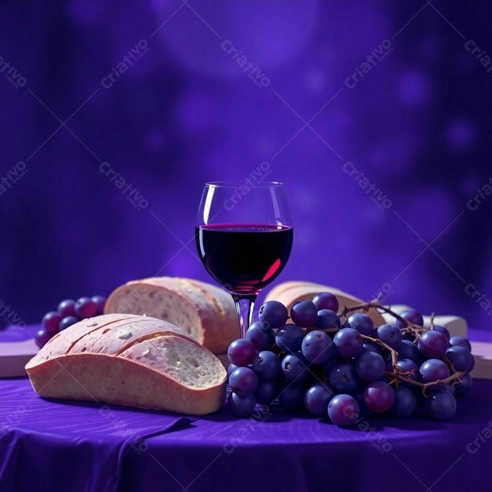 Digital Painting Of A Last Supper Still Life Bread, Wine Chalice, Grapes, Crown Of Thorns. Ultraviolet Color Scheme, Bokeh Effect, High Contrast, Sharp Focus On The Food Items