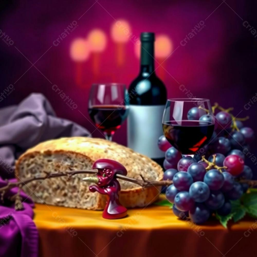 Digital Painting Of A Last Supper Still Life Bread, Wine, Grapes, Thorns. Deep Ultraviolet And Vivid Purples, High Contrast, Sharp Focus On The Objects, Soft, Out Of Focus Background Using A Bokeh Effect