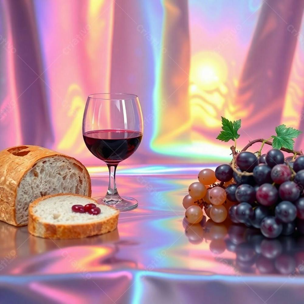 Iridescent Colors Reflecting On Bread, Wine, Grapes, And A Crown Of Thorns Representing The Last Supper. Iridescent Reflections Dominate The Scene