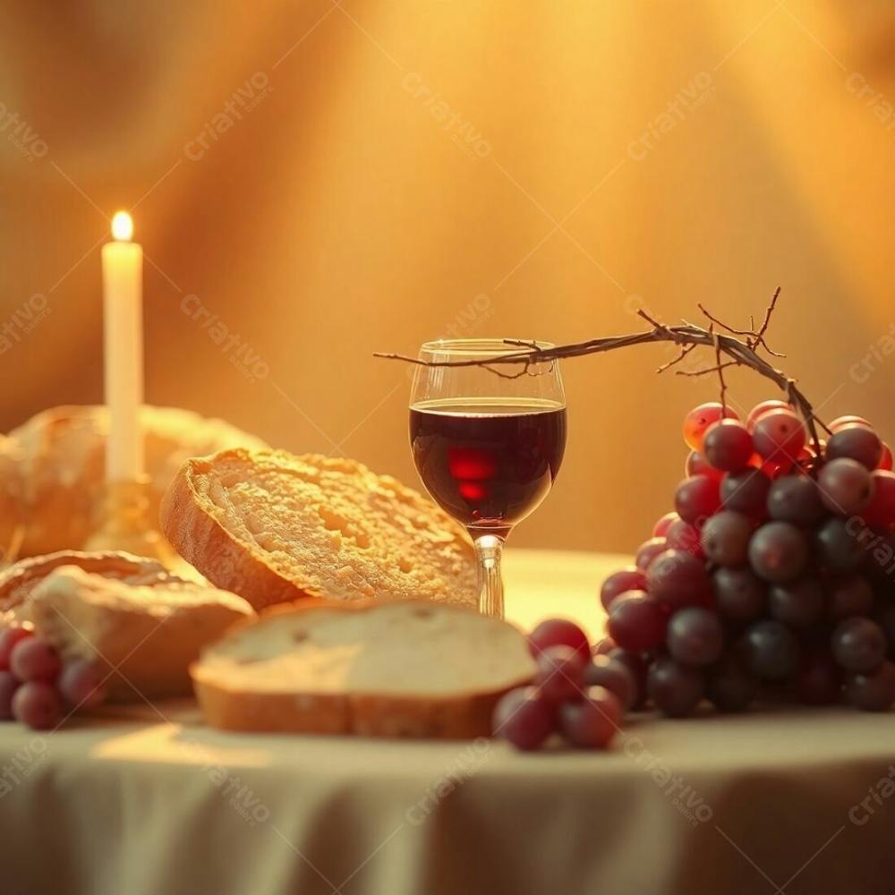 Natural Earth Tones, Ethereal Spiritual Vibe, Warm Golden Hour Light, Soft Light, Light Aura, Mystical Feeling, Browns, Beiges, Muted Colors Depicting Bread, Wine, Grapes, And A Crown Of Thorns Representing The Last Supper