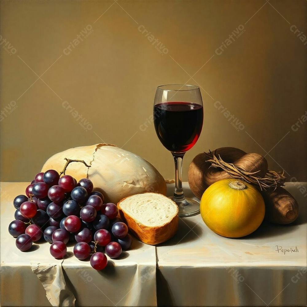 Oil On Canvas Painting Of A Last Supper Still Life Bread, Wine Chalice, Grapes, And A Crown Of Thorns. Earth Tones, Browns, And Beiges Create A Serene Atmosphere. Refined Style, Elegant Presentation