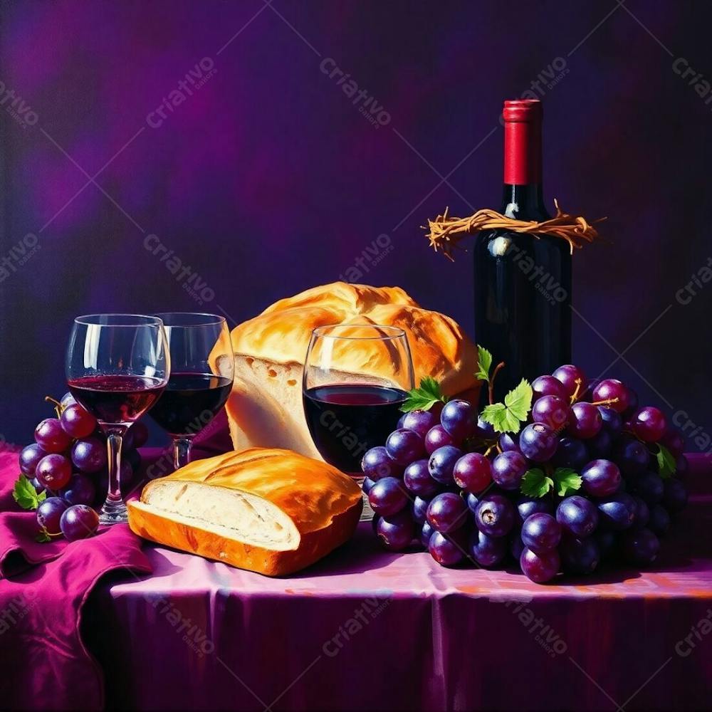 Oil On Canvas Painting Of A Last Supper Still Life Bread, Wine, Grapes, Crown Of Thorns. Ultraviolet Hues, Vivid Purples Dominate, Blurred Bokeh Background, High Contrast, Sharp Subject Focus