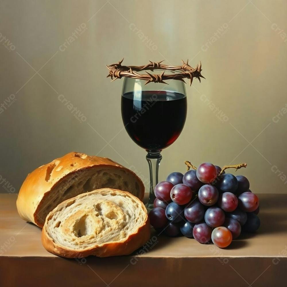 Oil On Canvas Still Life Bread, Wine Goblet, Grapes, And A Crown Of Thorns Arranged Gracefully, Earth Tones, Muted Colors, Refined And Elegant Aesthetic