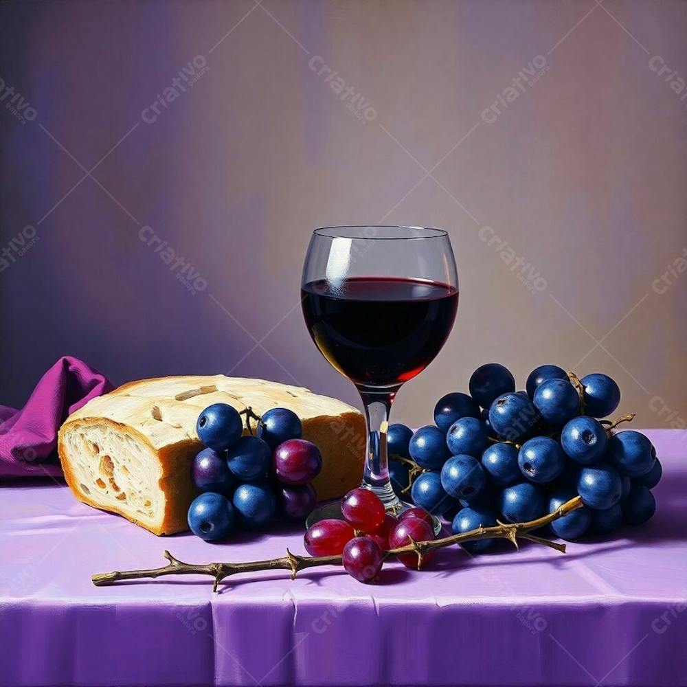 Oil Painting Of A Last Supper Still Life Bread, Wine Cup, Grapes, And Thorns. Ultraviolet Palette, Blurred Background, Sharp Subject, High Contrast, Soft Lighting