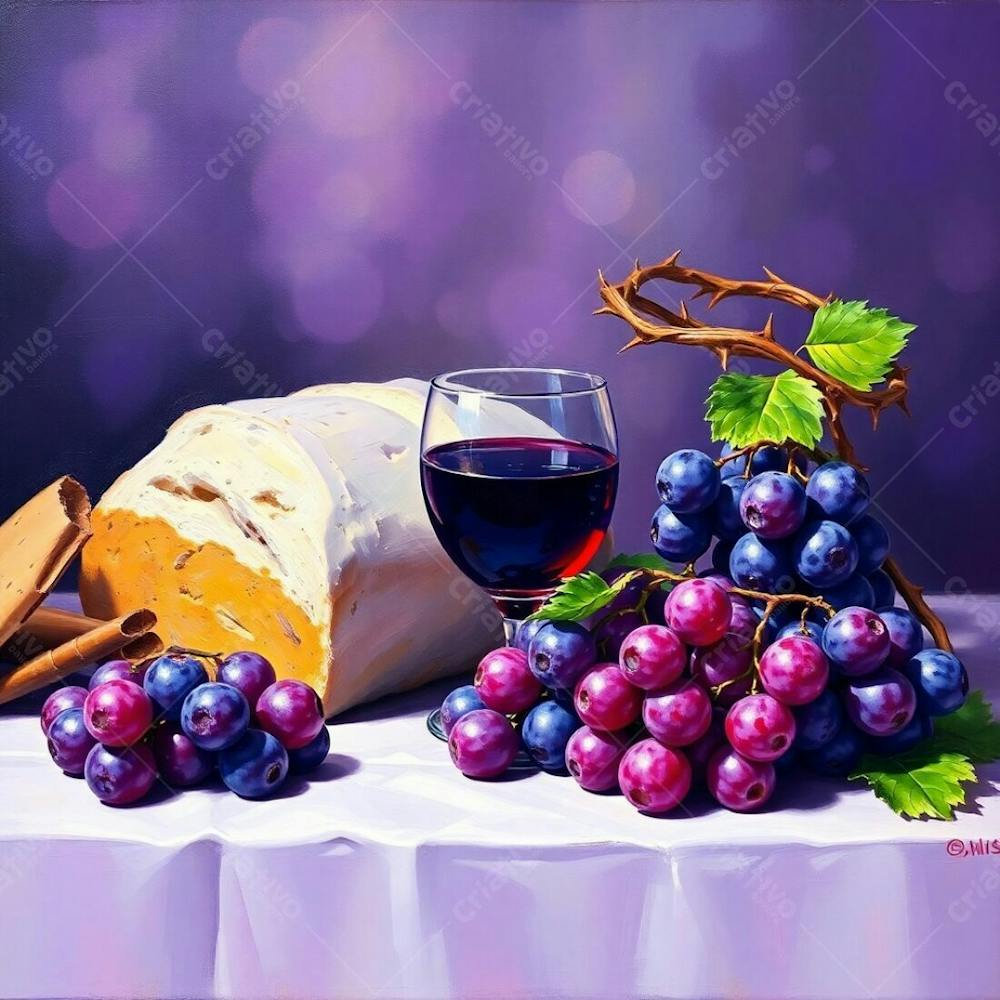 Oil Painting Of A Last Supper Still Life Bread, A Wine Chalice, Grapes, And A Crown Of Thorns. Ultraviolet Hues Dominate, With A Blurred Bokeh Background, High Contrast, And Sharply Focused Subject