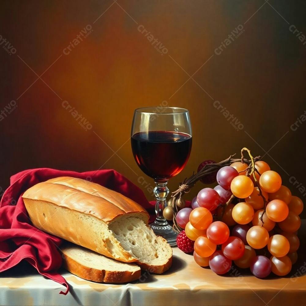 Oil Painting Of A Last Supper Still Life Bread, Wine Goblet, Grapes, Crown Of Thorns. Warm Color Palette Of Reds, Oranges, And Yellows. Sharp Focus On The Subject, Soft Bokeh Background