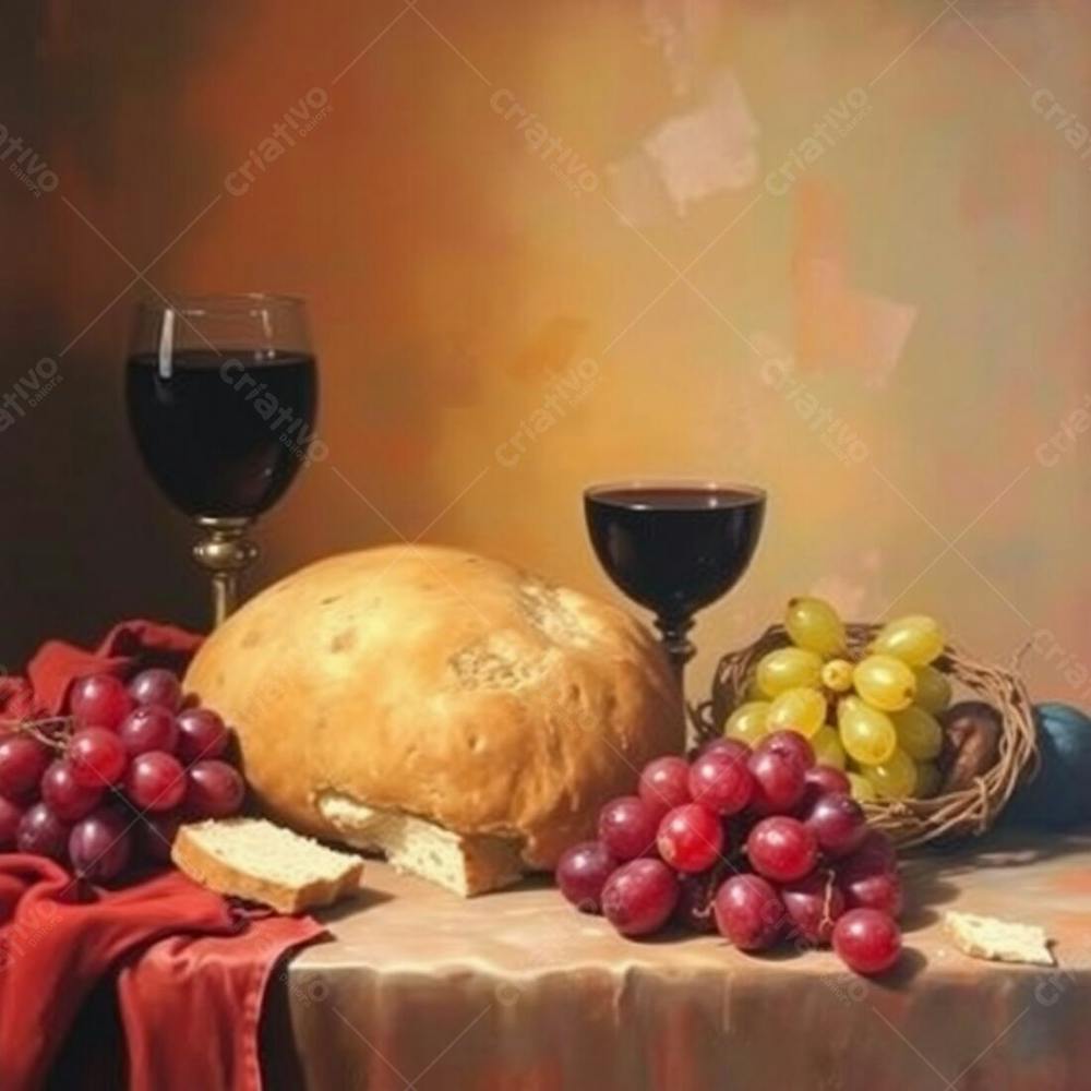 Oil Painting Of A Last Supper Still Life Featuring Bread, A Wine Chalice, Grapes, And A Crown Of Thorns. Warm Color Palette Of Reds, Oranges, And Yellows. The Main Elements Are Sharply Focused Against A Gently Blurred Backg