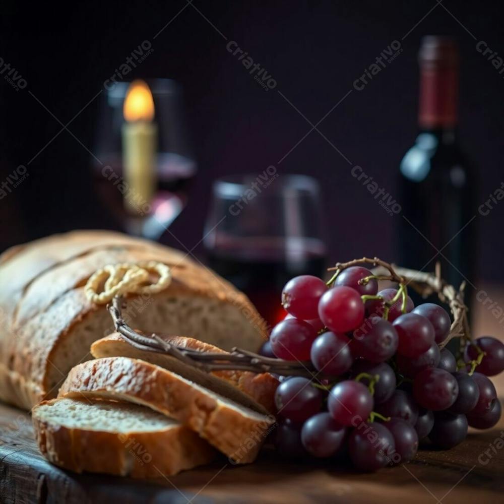 Photographic Image Of A Last Supper Representation Bread, Wine, Grapes, Crown Of Thorns. Deep Ultraviolet Tones, Blurred Bokeh Effect, High Contrast, Sharp Focus On The Food, Soft Background