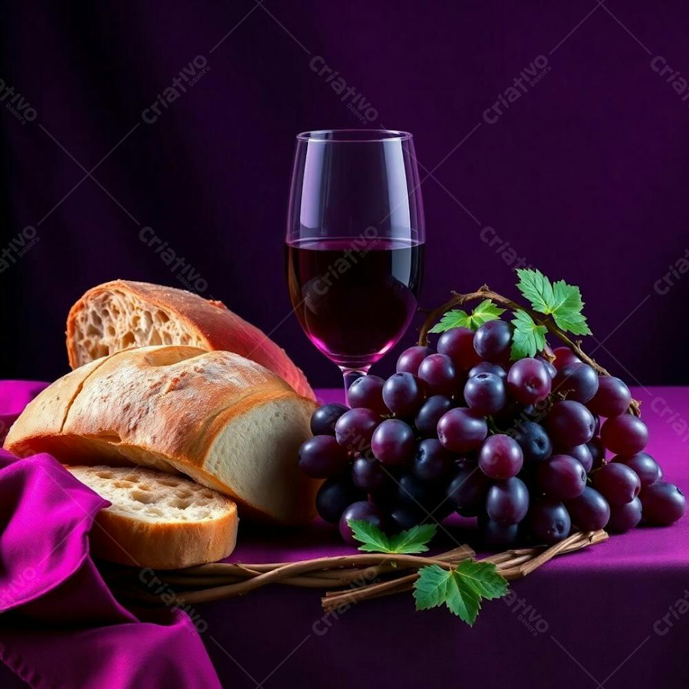 Photorealistic Digital Rendering Of A Last Supper Still Life Bread, Wine, Grapes, Crown Of Thorns. Predominantly Deep Ultraviolet And Vivid Purple Tones, High Contrast, Sharp Focus On The Objects, Soft Blurred Background