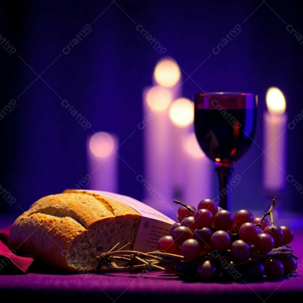 Photorealistic Image Of A Last Supper Still Life Bread, Wine Chalice, Grapes, And Crown Of Thorns. Deep Ultraviolet Lighting Creates A Dramatic Scene With A Blurred Bokeh Background, High Contrast, And Sharp Focus On The Obje