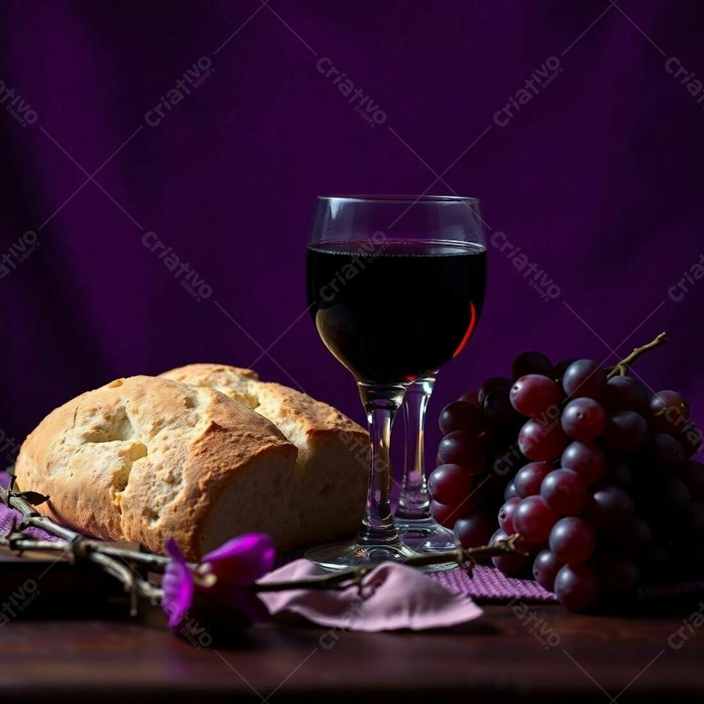 Photorealistic Image Of A Last Supper Still Life Bread, Wine Goblet, Grapes, And Thorns. Deep Ultraviolet Palette, Vibrant Purples, High Contrast, Sharp Focus On The Objects, Soft Background Bokeh