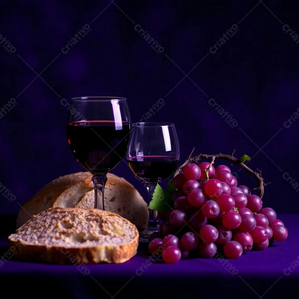 Photorealistic Image Of A Still Life Bread, Wine Chalice, Grapes, And Crown Of Thorns. Deep Ultraviolet Lighting, Strong Contrast, Sharp Focus, Soft Background Bokeh, Vivid Purples