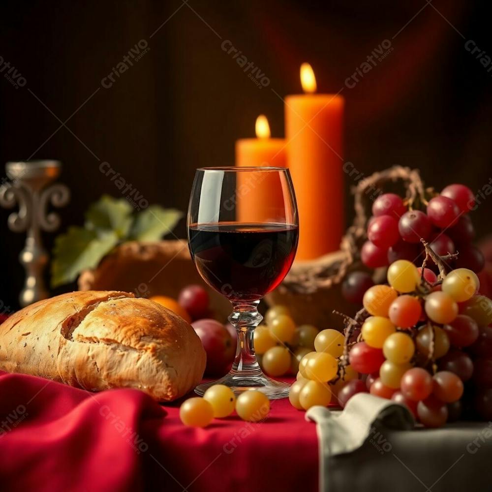 Photorealistic Rendering Of A Last Supper Still Life Bread, Wine Chalice, Grapes, And Crown Of Thorns. Dominant Warm Colors Reds, Oranges, Yellows. Deep Depth Of Field, Sharp Subject Focus, Soft Background Blur