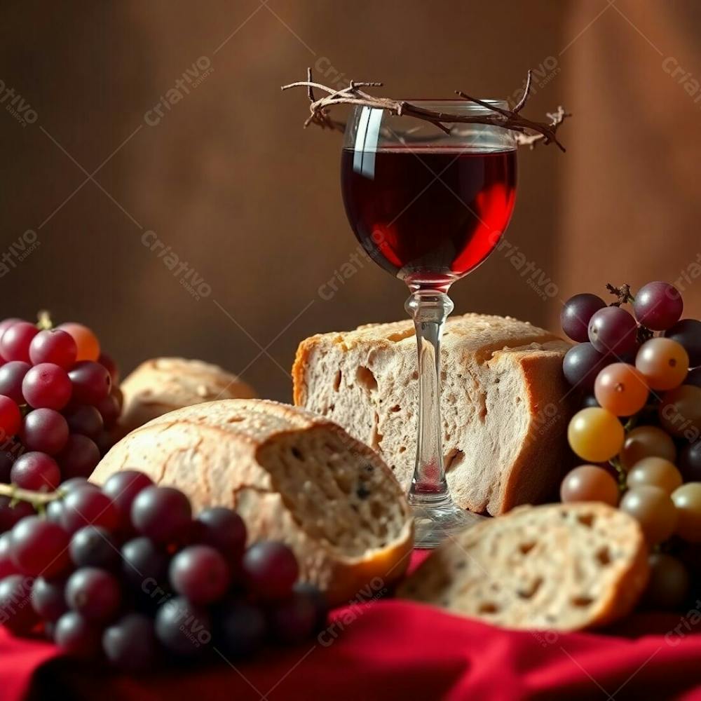 Photorealistic Rendering Of A Last Supper Still Life Bread, Wine Goblet, Grapes, Crown Of Thorns. Warm Tones, Reds, Oranges, Yellows. Sharp Focus On The Central Elements, Soft Background Blur