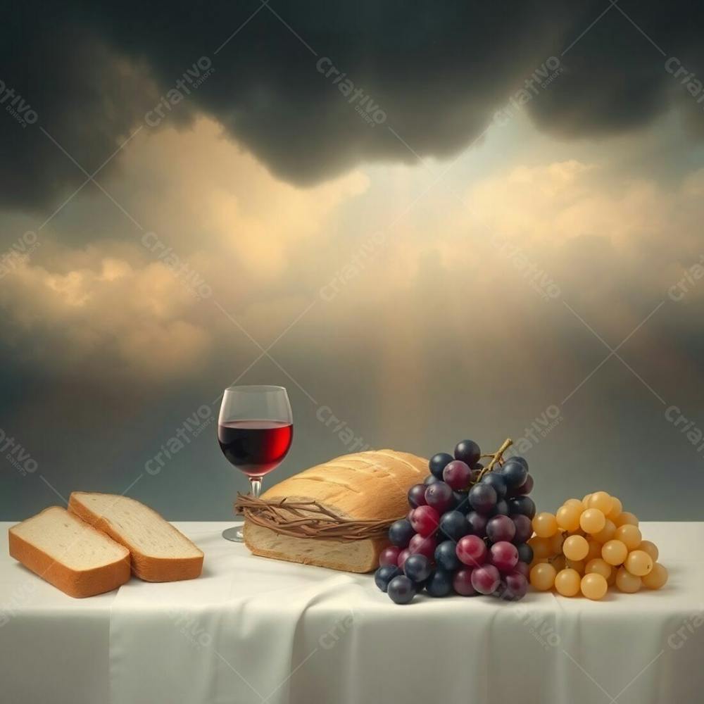 Soft Pastel Colors, Intense Dramatic Weather, Stormy Skies, High Tension, Gentle And Soothing Depiction Of Bread, Wine, Grapes, And A Crown Of Thorns Representing The Last Supper