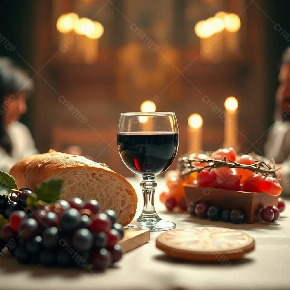 The Last Supper Bread, Wine Chalice, Grapes, And Crown Of Thorns. Blurred Bokeh, Warm Golden Glow, Sharp Subject Focus, Soft Background, Radiant And Luxurious