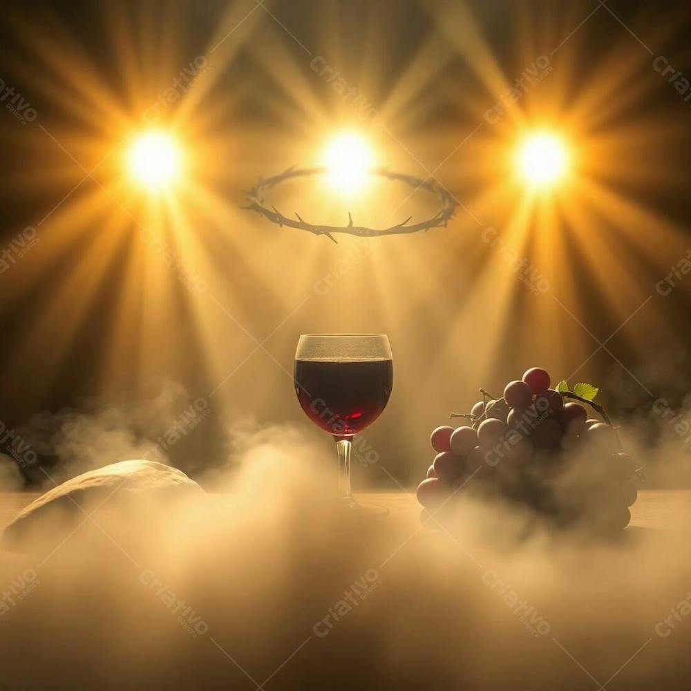 Volumetric Lighting Illuminates Bread, Wine, Grapes, And A Crown Of Thorns Representing The Last Supper. Visible Light Beams Through Dust Or Fog