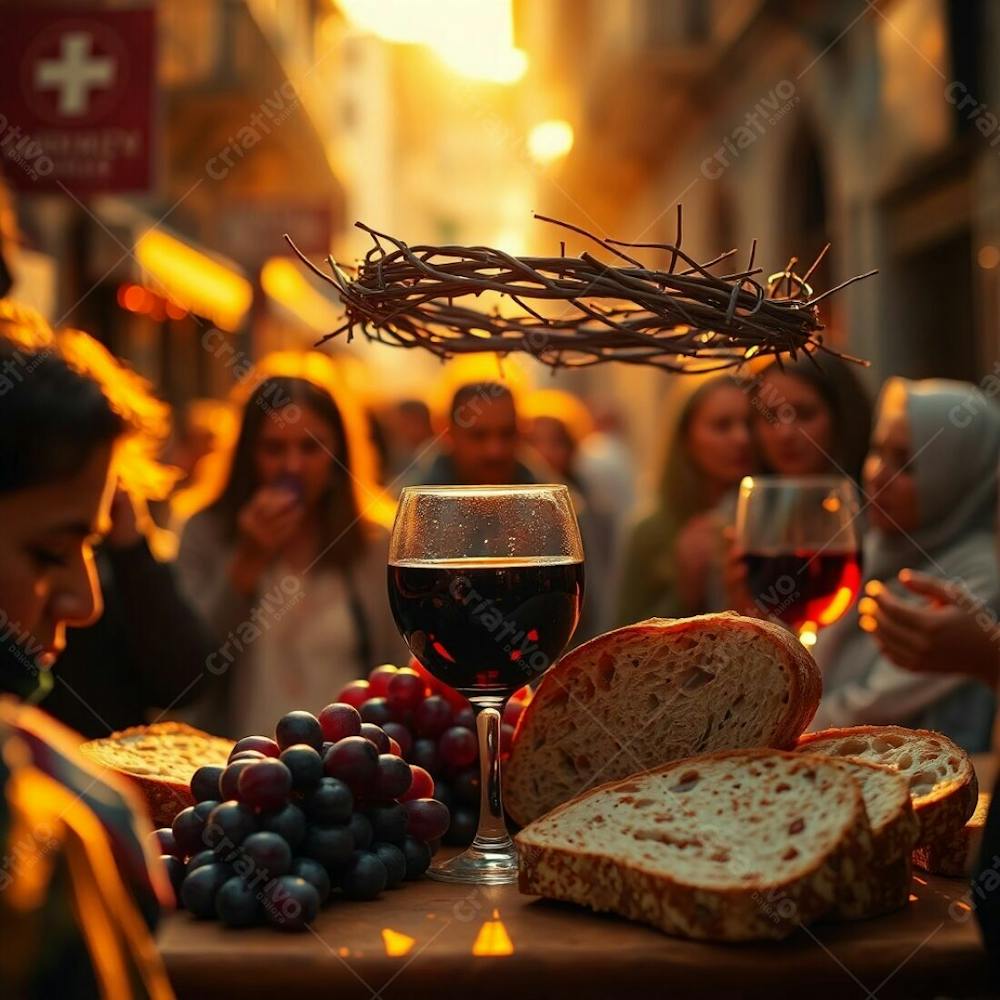 Warm Golden Glow, Candid Street Photography, Urban Scenes, Spontaneous Candid Moments, Radiant And Luxurious Depiction Of Bread, Wine, Grapes, And A Crown Of Thorns Representing The Last Supper