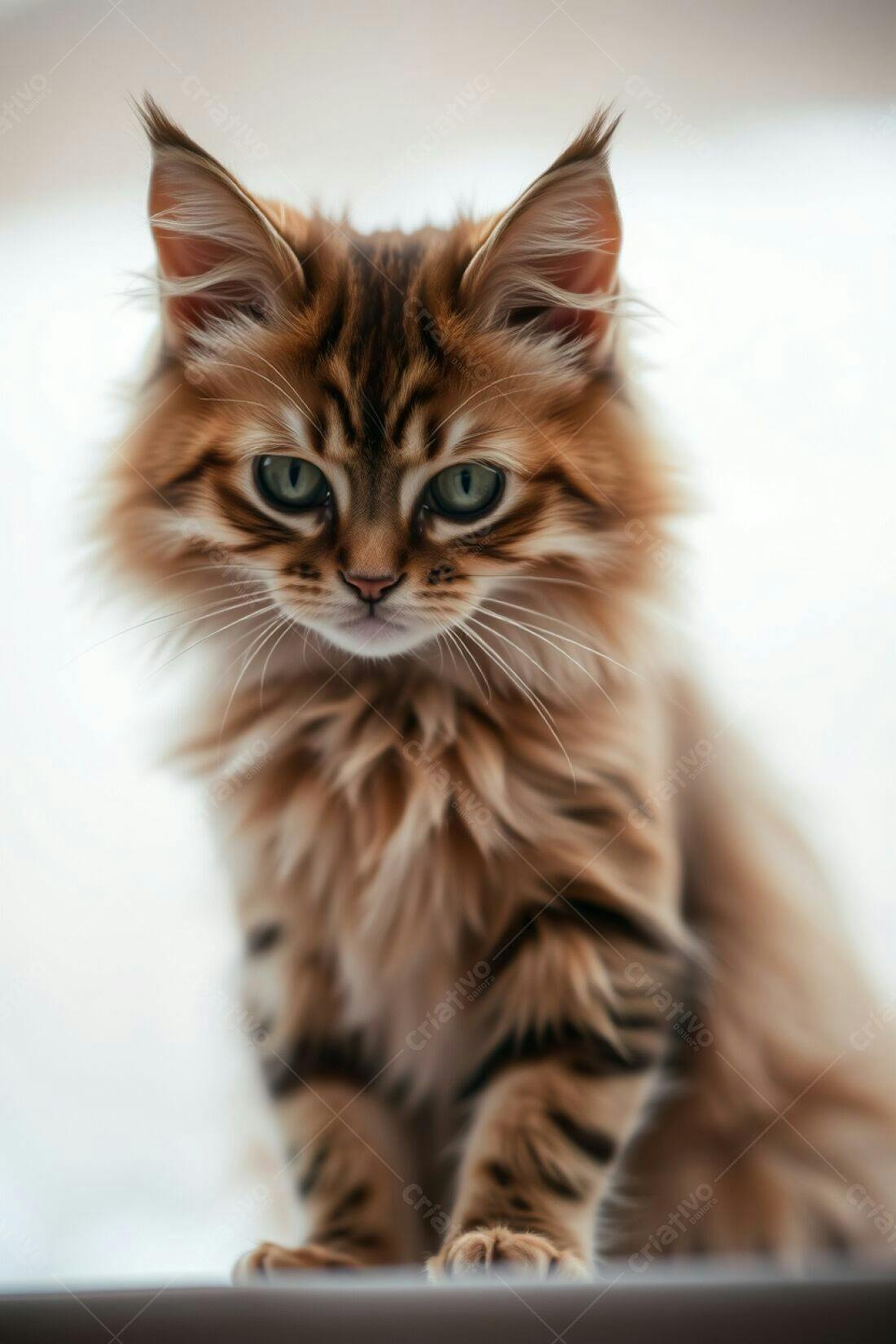 Gatinho marrom com olhos verdes em foco