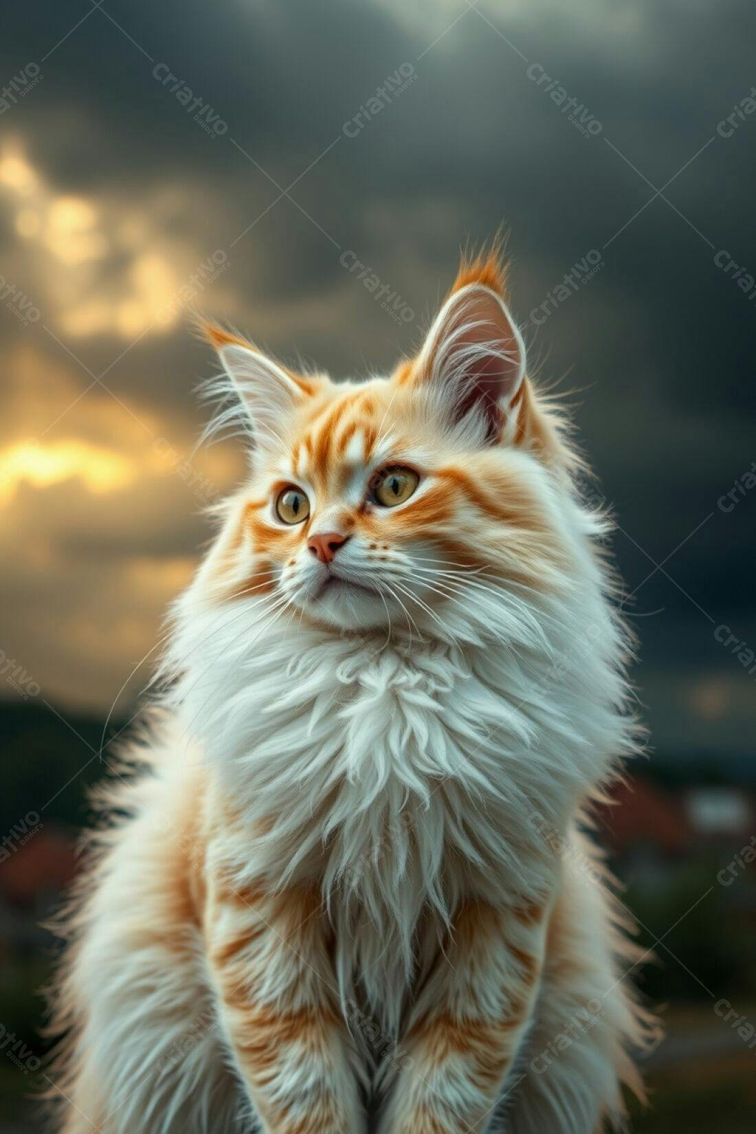 Gato Maine Coon laranja e branco ao entardecer