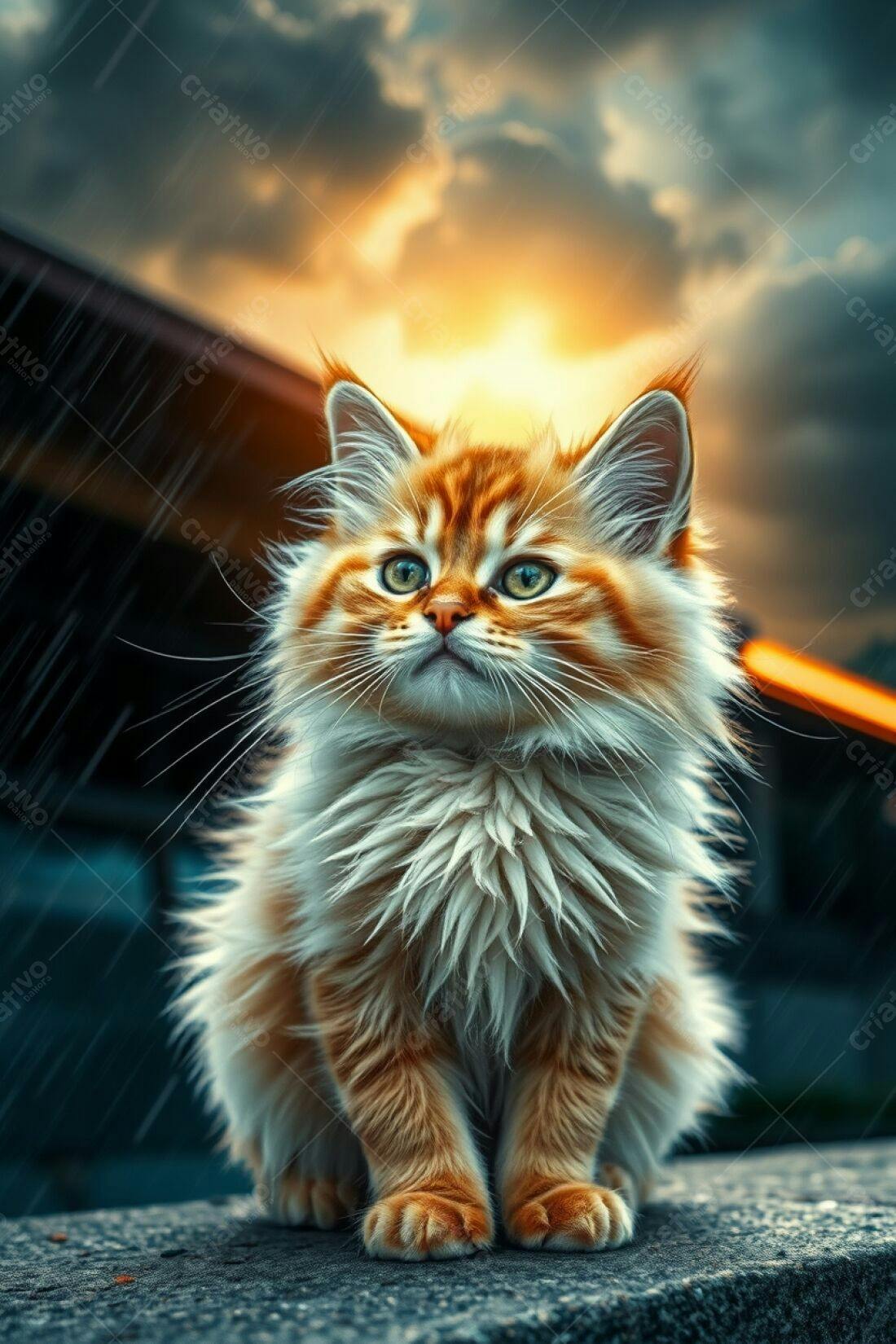 Gatinho ruivo na chuva ao pôr do sol