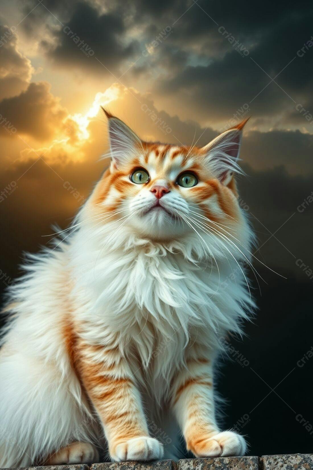 Gato peludo laranja ao pôr do sol