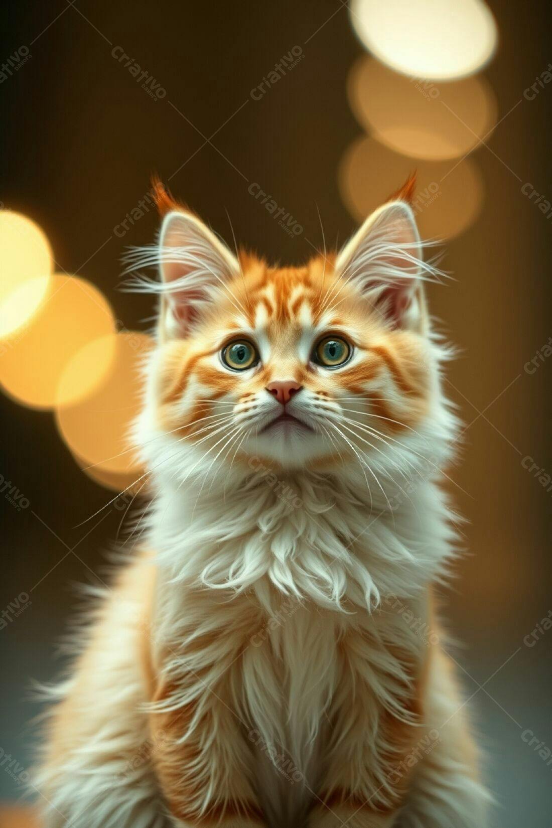 Gatinho Maine Coon laranja e branco em fundo desfocado