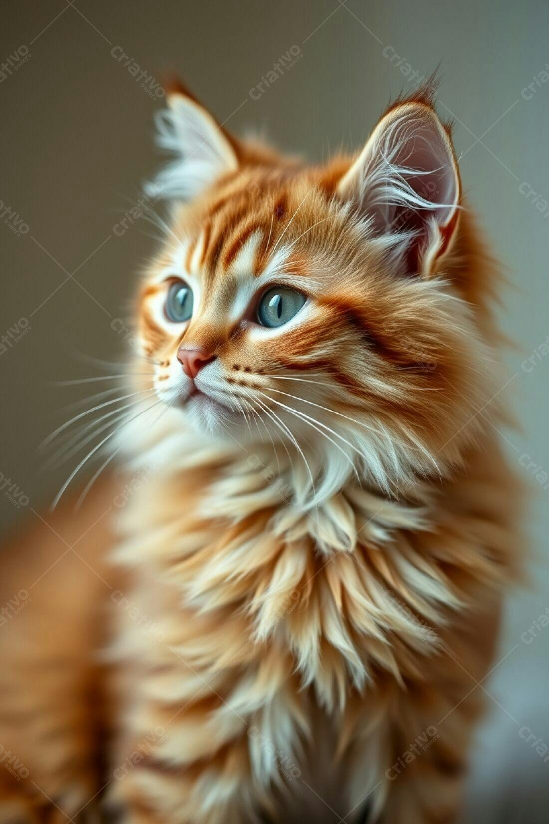 Gatinho ruivo com olhos azuis olhando para o lado