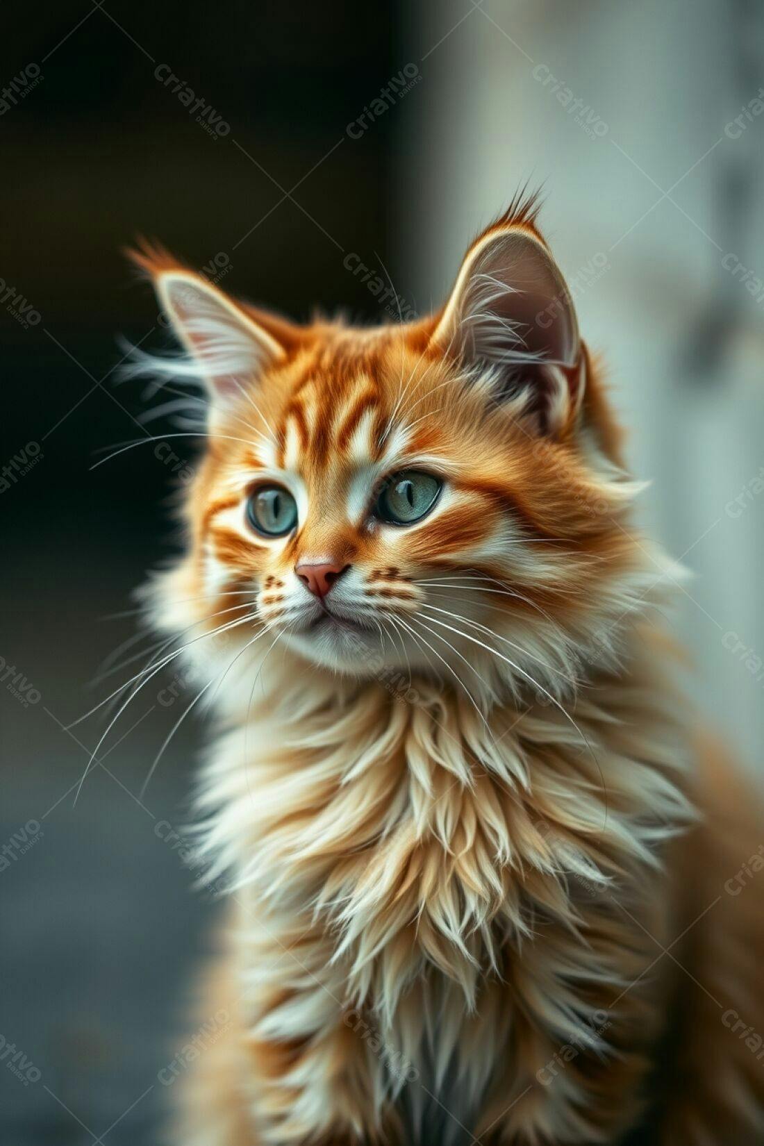 Gatinho ruivo com olhos azuis olhando para o lado