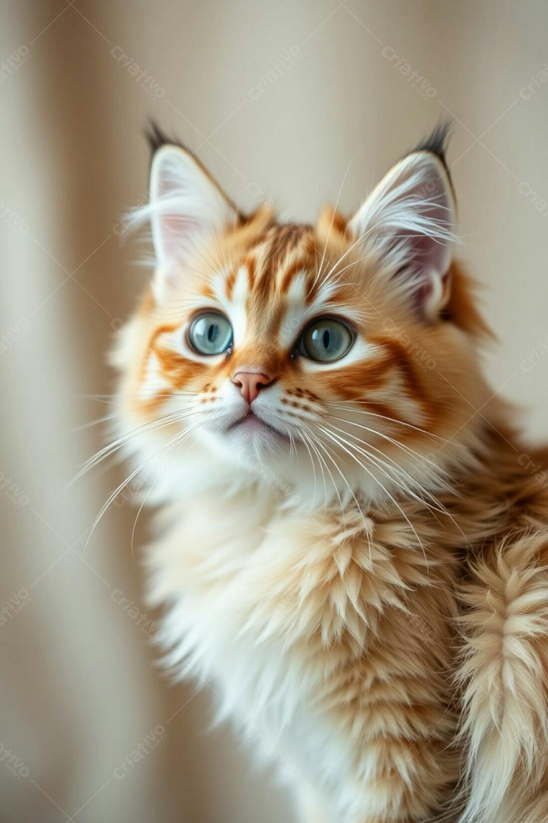 Gatinho ruivo com olhos verdes olhando para cima