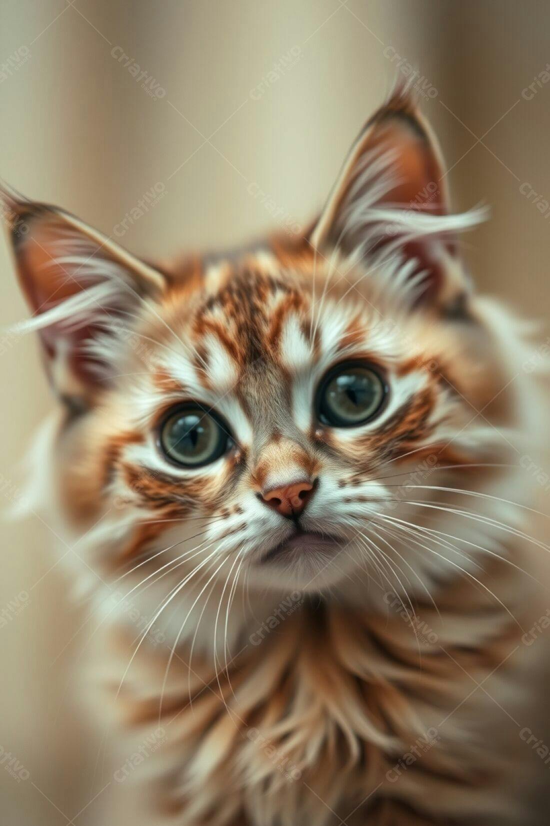 Gatinho ruivo de olhos verdes olhando para a câmera