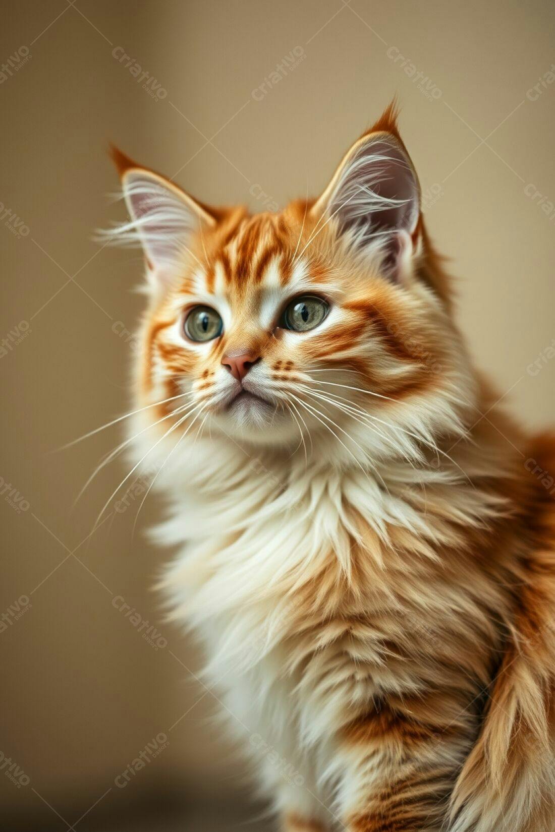 Gatinho ruivo olhar curioso fundo bege