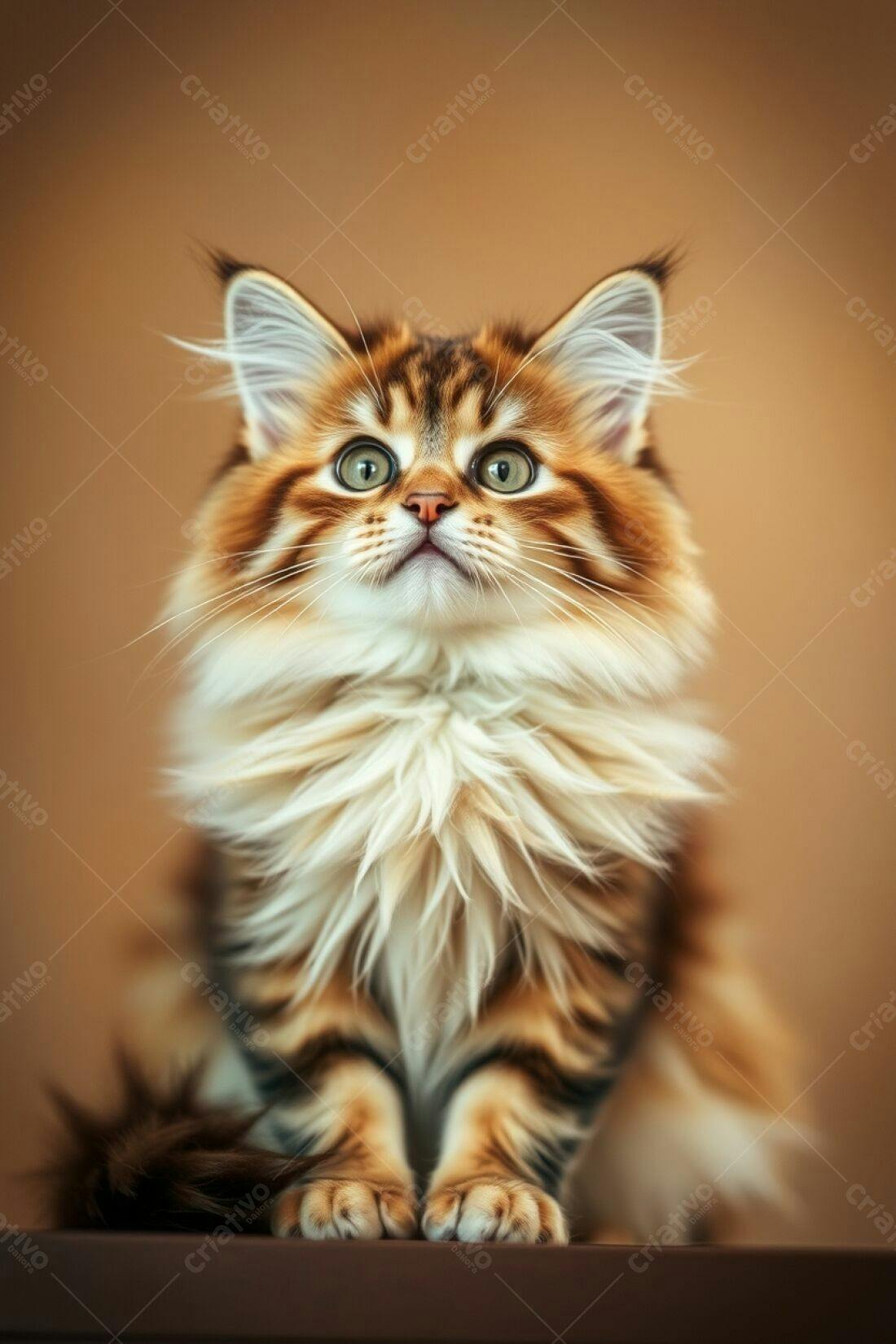 Gatinho fofo marrom e branco olhando para cima
