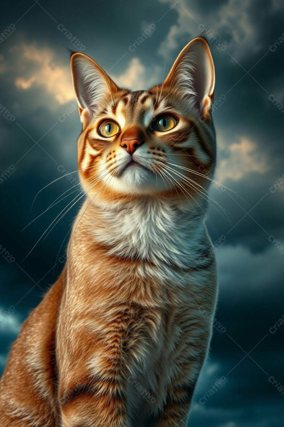 Gato ruivo olhando para cima em fundo de céu nublado