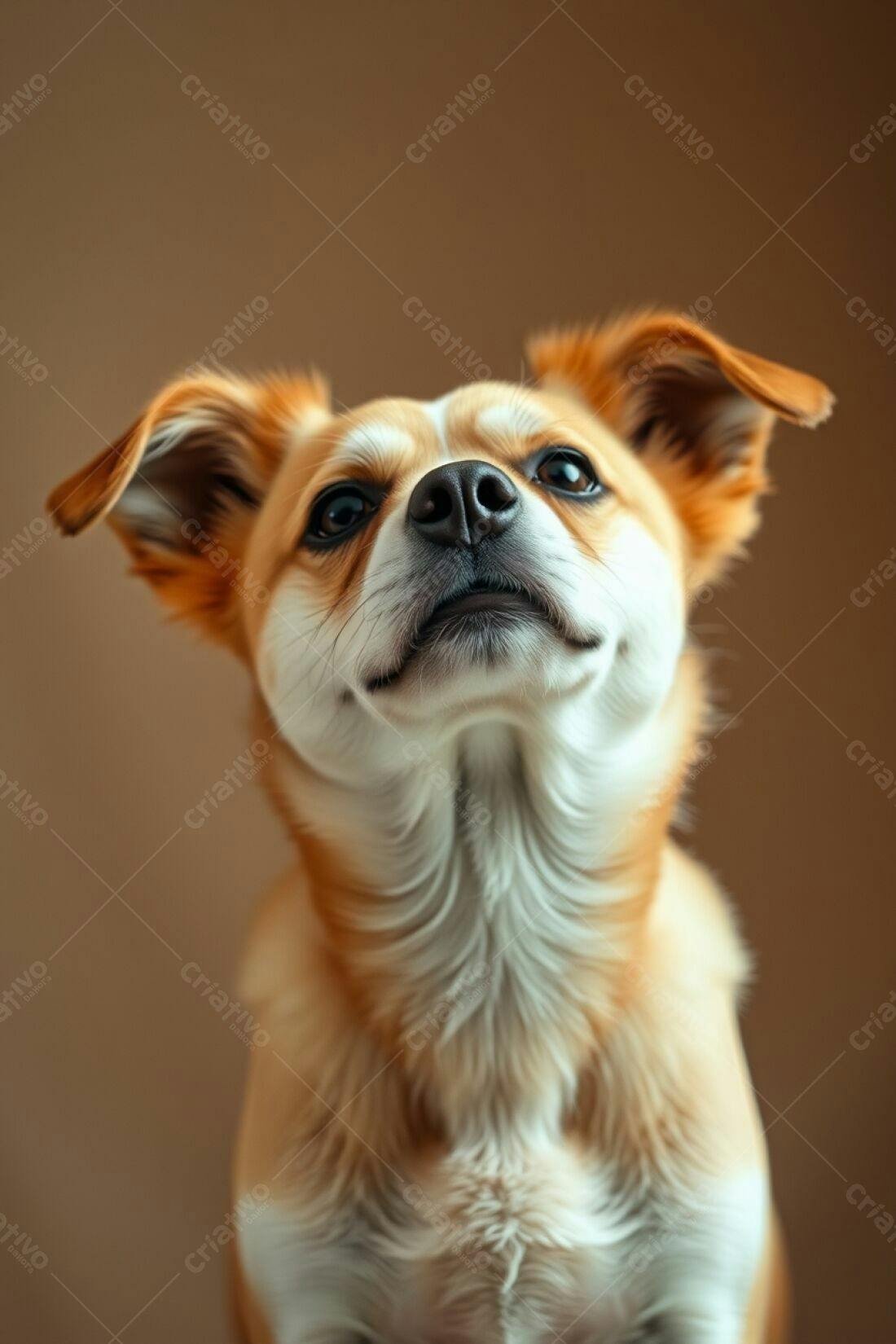 Cachorro fofo olhando para cima fundo marrom
