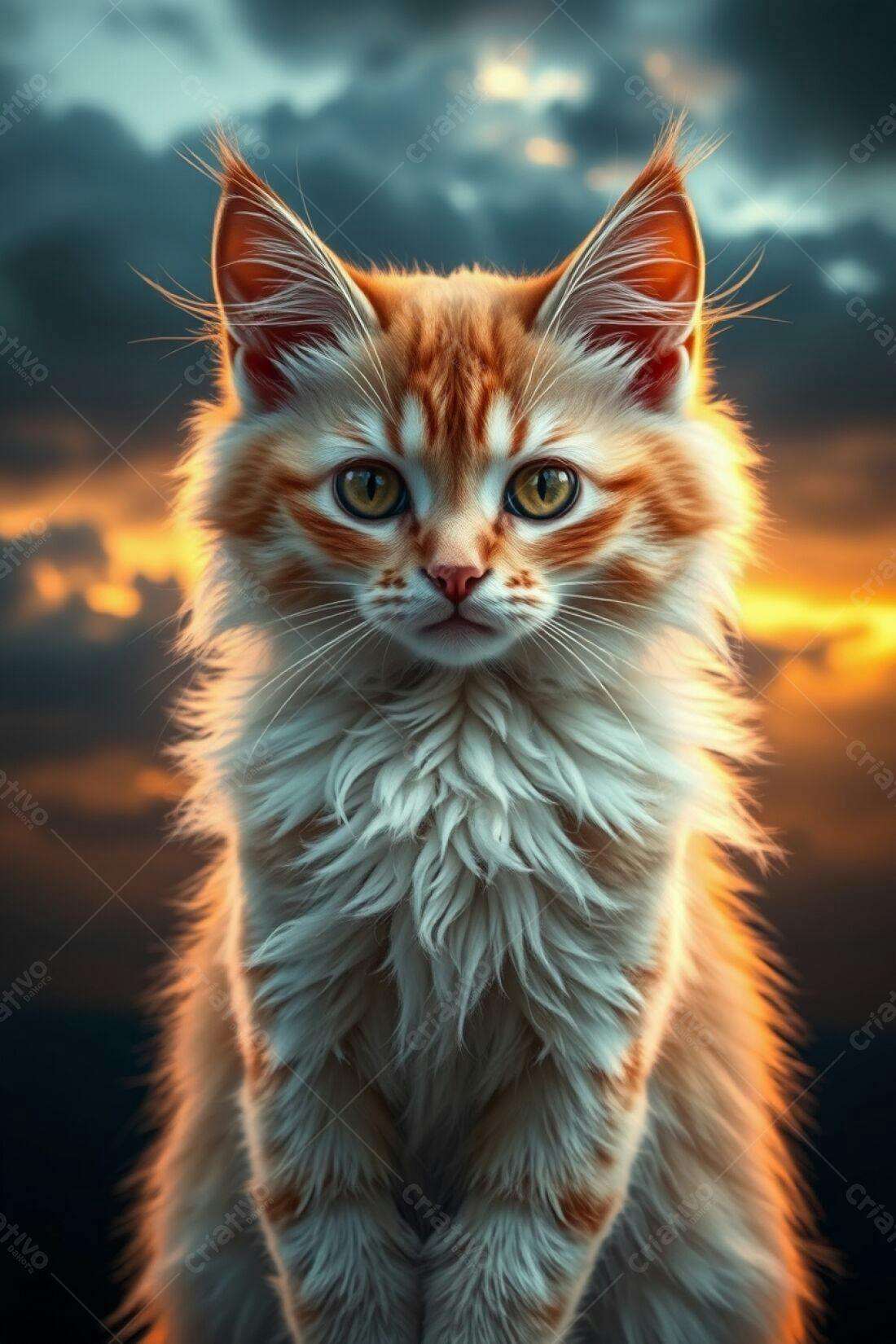 Gatinho ruivo ao pôr do sol
