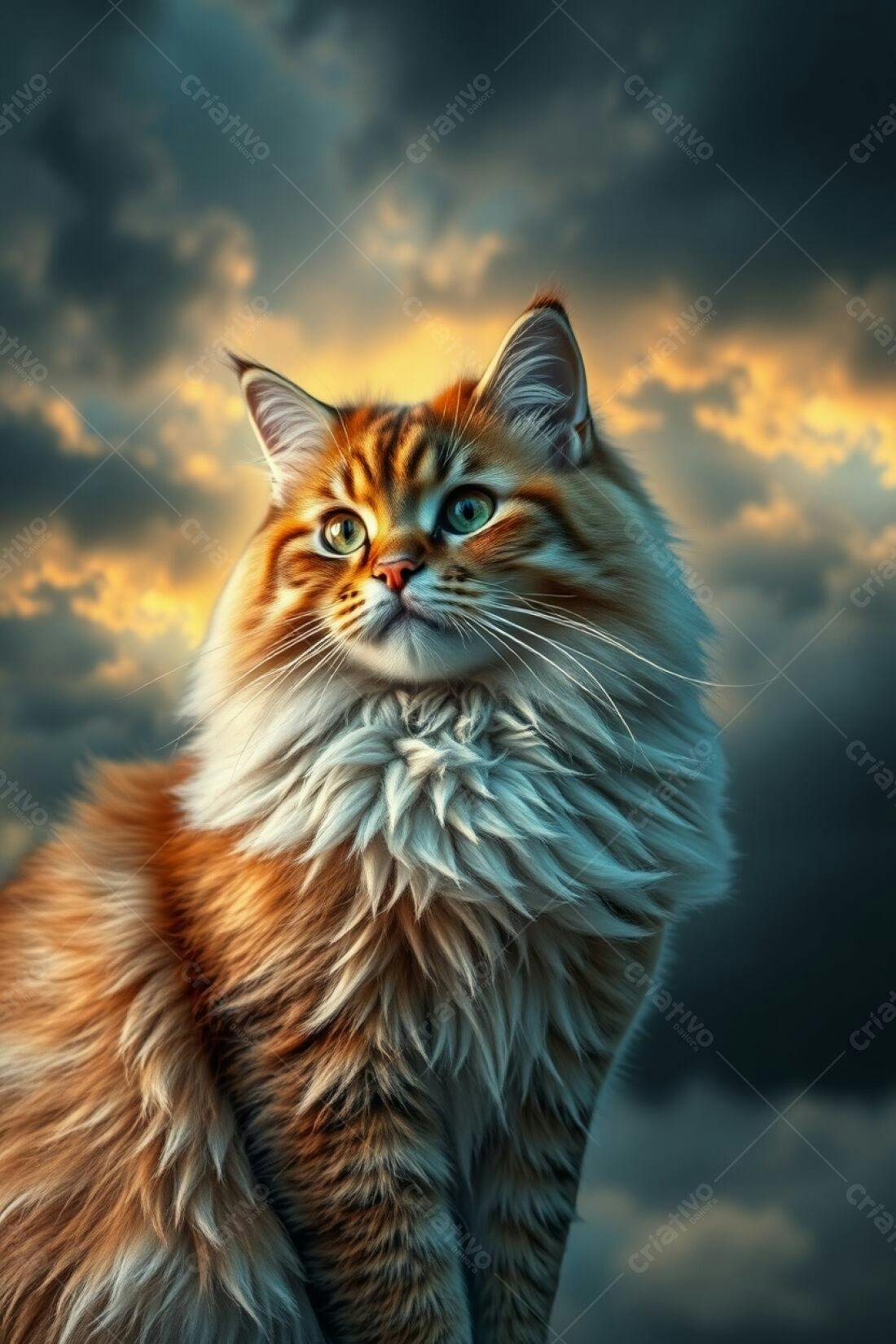 Gato Maine Coon Vermelho no Por do Sol
