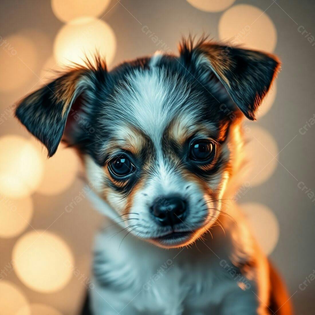 Filhote de cachorro tricolor com fundo de luzes