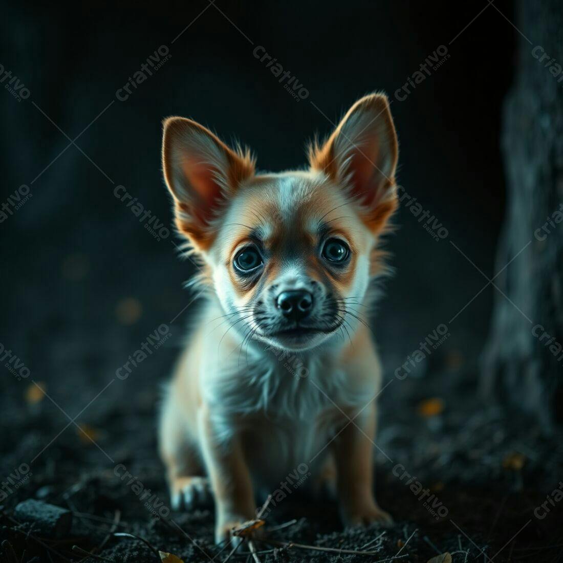 Filhote de cachorro olhando para a câmera em ambiente escuro
